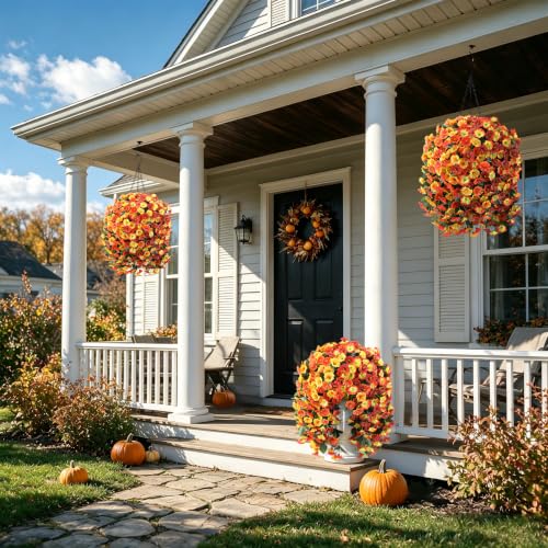 Image of Ammyoo Artificial Fake Hanging Flower Basket for Fall Outdoor Home Decor | 4 Pcs Faux Floral with Eucalyptus, Hanging Planter Decor for Fall Porch Balcony Yard Indoor Outdoor All Season Ornament