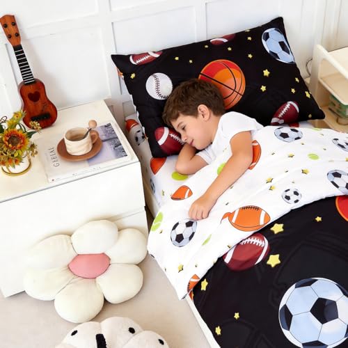 Image of PERFEMET Sports Theme Toddler Boys Bedding Set 4 Pieces Basketball Football Printed Toddler Comforter Set Reversible Design Ball Games Bed in A Bag (Black)