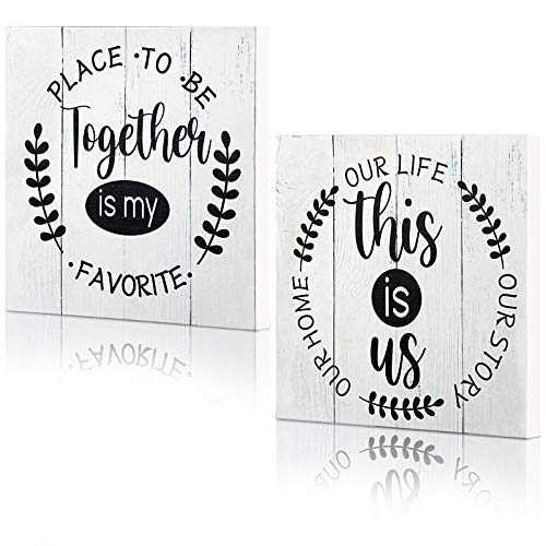 Jetec 2 Pieces Home Decor Sign This is Us Wall Decor Together Rustic Wooden Wall Art Signs Home Tabletop Decor Wooden Home Sign Signs for Farmhouse Home Living Room Bedroom Kitchen