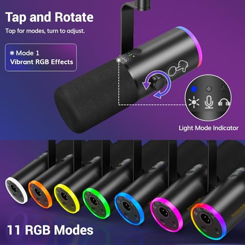 Image of TONOR Dynamic Gaming Microphone, XLR /USB Microphone for Content Creators with AI Noise Cancellation, RGB, Tap Mute, Gain Control, Microfono with Boom Arm for Streaming, Black, TD510 AIR S H+