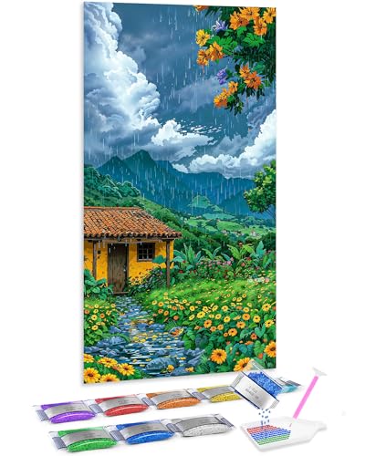 Kit de Diamond Painting 5D Jumpdot: Paisaje de Jardín y Casa, 70x40 cm para Adultos