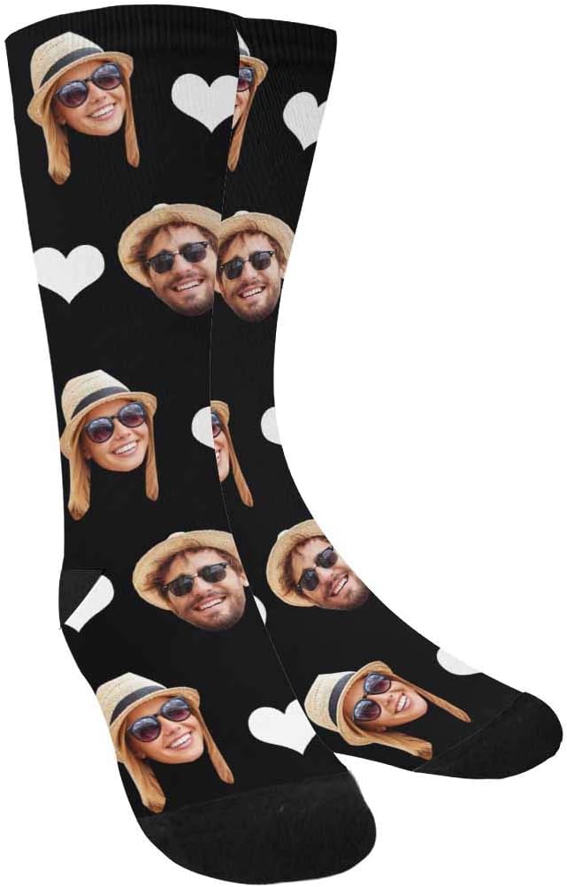 Custom Photo Pet Face Socks, Love Heart Crew Socks with 2 Faces for Men Women