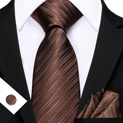 Image of Barry.Wang Solid Striped Tie for Men Silk Necktie Pocket Square Cufflinks Formal Wedding Party Business