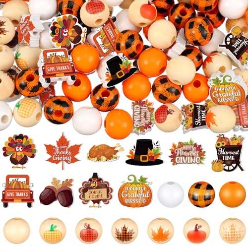 Buryeah 200 Pcs Fall Wooden Beads Thanksgiving Turkey Pumpkin Maple Leaf Beads Buffalo Plaid Colorful DIY Craft Charms for Thanksgiving Autumn Harvest Party Supplies Garland Jewelry Pendant Making