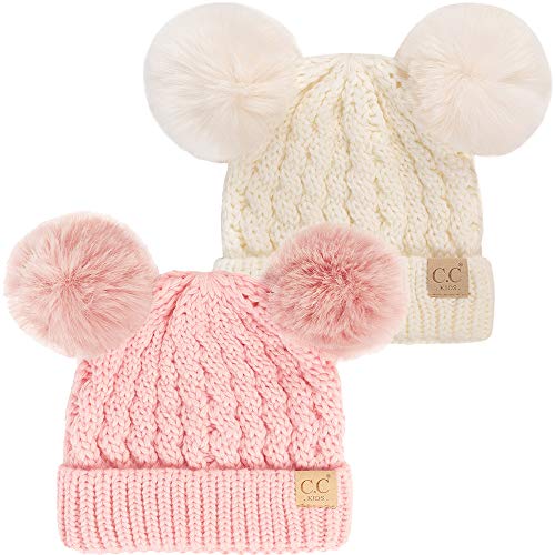 Funky Junque Girls Hat Kids Beanie Double Pom Faux Fur Soft Warm Winter Knit Cap, 2 Pack: Ivory/Ivory & Pale Pink/Pink Poms, One Size