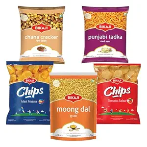 Bikaji Snacks Combo – BIKAJI POTATO CHIPS MAST MASALA & Moong Dal & PUNJABI TADKA & BIKAJI POTATO CHIPS TOMATO SALSA & ROASTED CHANA CRACKER | 5 Pack Variety | Bar Snacks, Party Mix & Tea-Time Treats