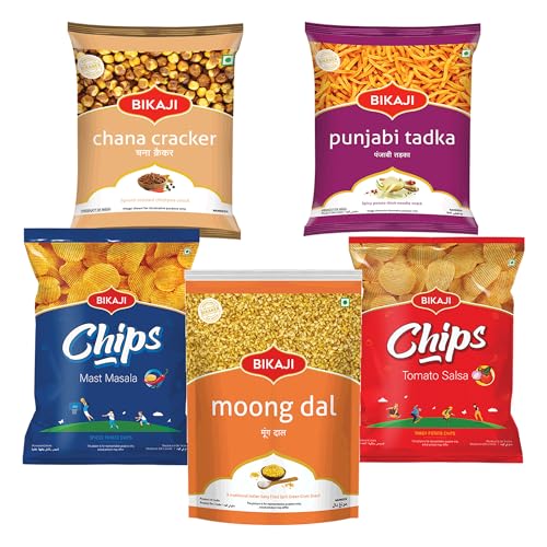 Bikaji Snacks Combo – BIKAJI POTATO CHIPS MAST MASALA & Moong Dal & PUNJABI TADKA & BIKAJI POTATO CHIPS TOMATO SALSA & ROASTED CHANA CRACKER | 5 Pack Variety | Bar Snacks, Party Mix & Tea-Time Treats