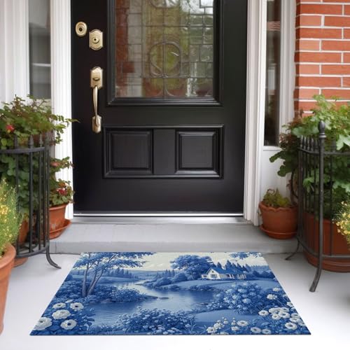 Paillasson Entree Antidérapant 80x120 cm Tapis Indigo Rétro