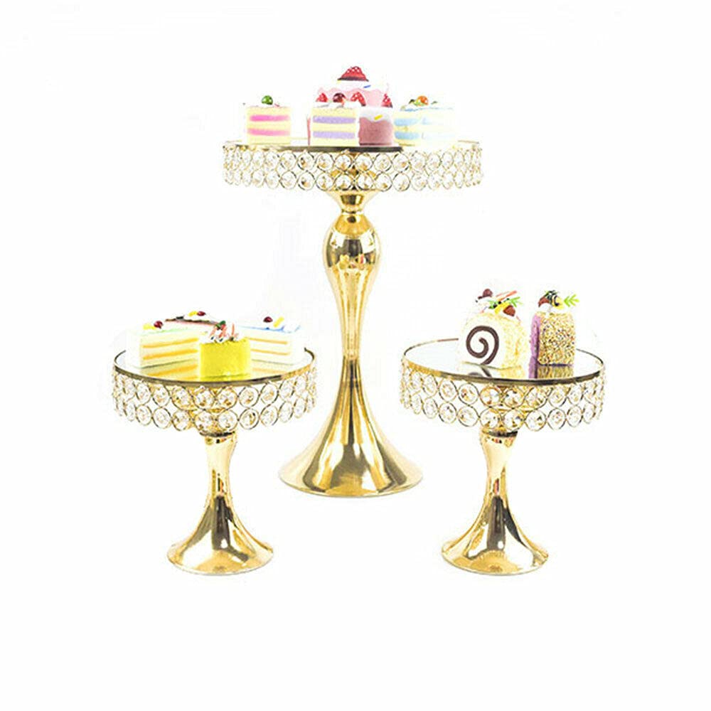 3PCS Cake Stand Set, Metal Round Cupcake Dessert Stand Cake Display Stand Holder Gold Cookie Snack Candy Serving Plate with Crystal Decor for Wedding Party Birthday