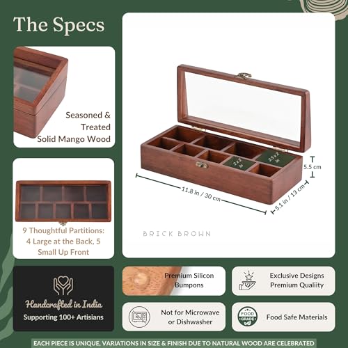 Image of Brick Brown Premium Handcrafted Wooden Prism Masala Box with Wooden Spoon | 9-Compartment Spice Box Organizer with Acrylic Lid | Masala Dani Namak Dani Dabba | Masala's Container Popula Dabba