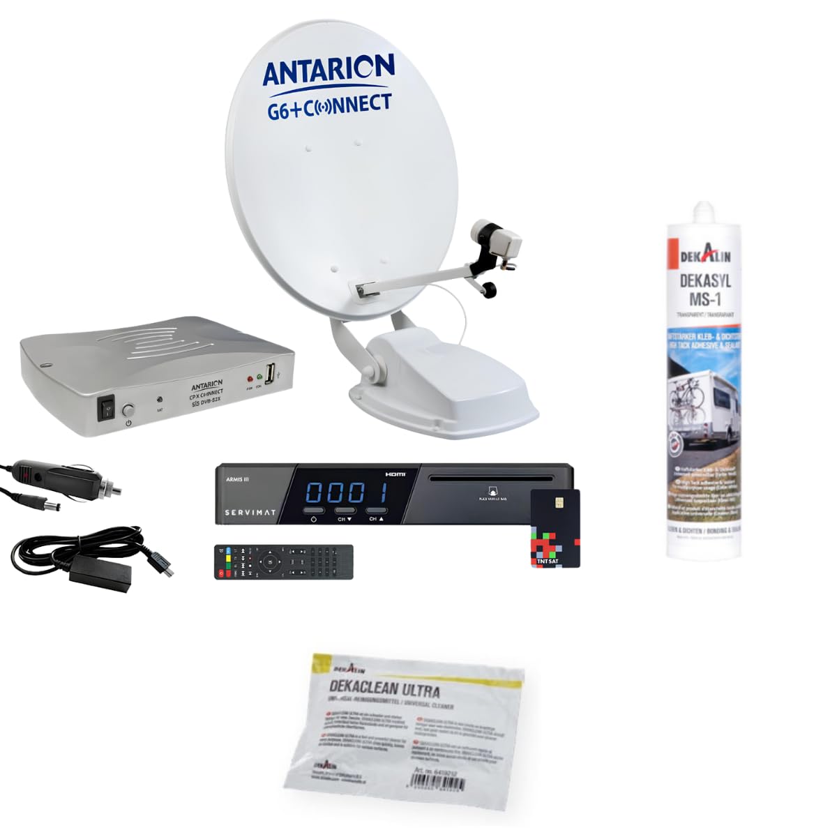Pack ANTARION Parabole Camping-Car et récepteur + Colle adhésif Universel + Lingette