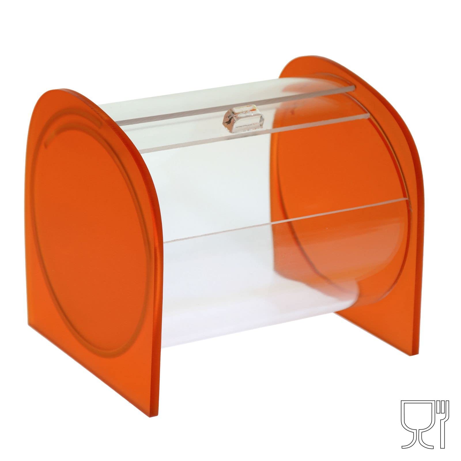Portacaramelle confezionate sezione circolare in plexiglass trasparente e con pannelli laterali in plexiglass satinato Arancione - Misure totali: L 15 x P 14 x H 14 cm