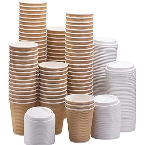 HOT BARGAINS 50 X 12oz / 360ml Kraft Triple Walled Disposable Paper Ripple Cups Disposable Coffee Tea Cups Disposable Hot Drink Cups + LIDS Completely Free Cover