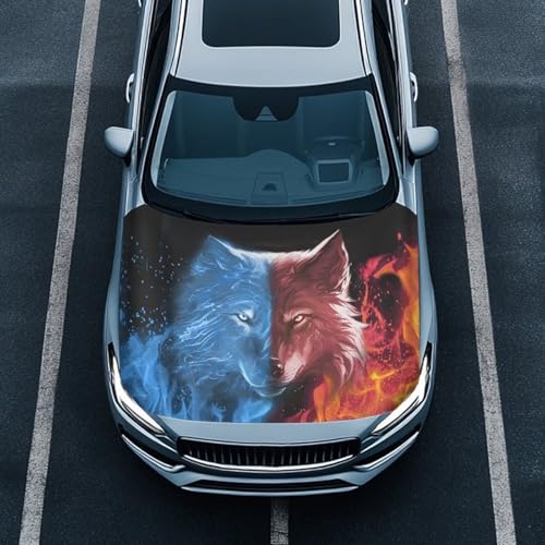 Image of Water Fire Wolf Car Hood Cover Polyester Elastic Fabrics Can be Washed Suitable for Large SUV and Pickup Trucks