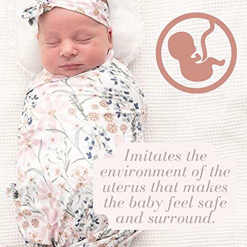 Image of Newborn Baby Girl Receiving Blanket Swaddle Blanket Stretchy Knit Swaddle Set with Matching Headband and Beanie with a Name Card (Golden Floral)