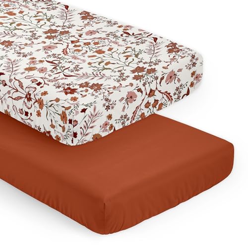 Image of Sweet Jojo Designs 2-Piece Baby Bassinet Sheets Set (Ivory and Orange Boho Vintage Floral) for Girls, Infant Newborn Nursery, Oval, Rectangle & Hourglass Mattress (Solid Rust & Bohemian, Wildflower)