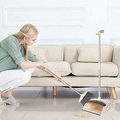 Image of Broom and Dustpan Set with Long Handle | Floor Cleaning Broom with Dust Pan Combo | Standing Dustpan with Lid | Heavy Duty Soft Bristle Floor Sweeper | Home Kitchen Office Cleaning Tools Set