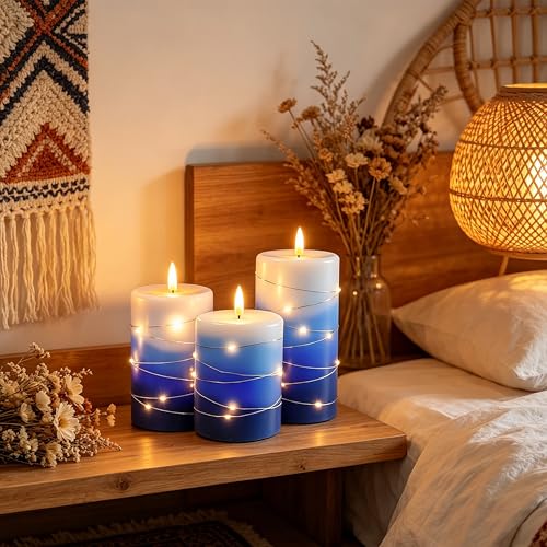 Image of Flameless LED Candles with Fairy Lights, Remote Timer, Blue Wax, 3-Pack | Layered Glow for Cozy, Worry-Free Ambiance