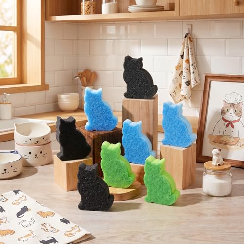 Image of Tioncy 12 Pack Cat Shaped Double Sided Sponge Scrubbers, Cute Cat Dish Sponges, Reusable Non Scratch Kitchen Cleaning Sponges for Dishes, Pots, Sink and Household Cleaning (Black Green Blue)