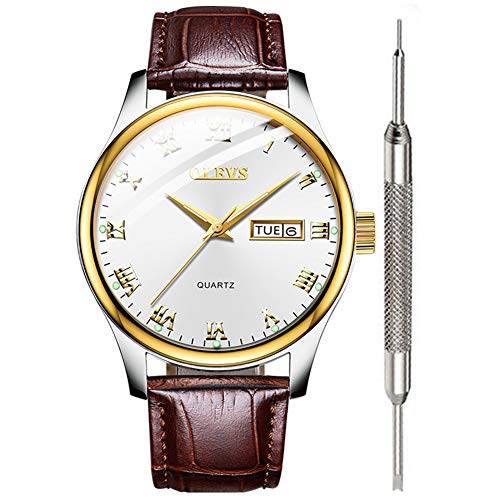 OLEVS Men's Brown Leather Watch for Men Waterproof Inexpensive Analog Quartz White Wrist Watches for Men Classic Calendar 2022 Couple Watches
