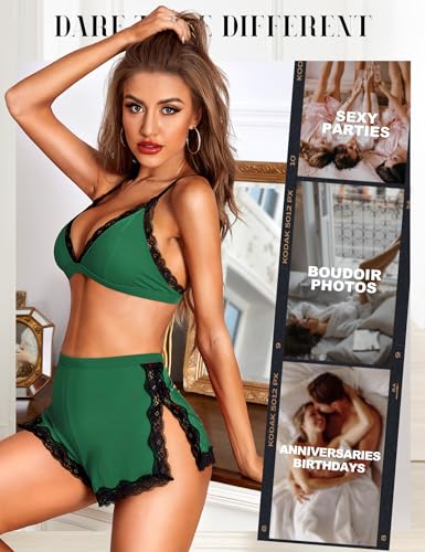 Image of RSLOVE Sexy Pajamas for Women Soft Lingerie Set Lace Trim Sleepwear 2 piece Pjs Shorts Set