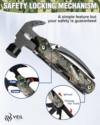 WORKPRO Multitool-12 in 1 Camping Tools with Mini Hammer-EDC Gear Multi Tools Hammer with Safety Lock and Pouch-Mini Multitools Gifts for Men and Women-Camouflage - Image 6
