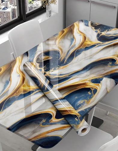 Image of KBR Self-Adhesive PVC 3D Wall Sticker Oil Proof and Waterproof, Kitchen Backsplash Blue Gold Stickers Wallpaper for Hotel, Living Room, Bedroom & Cafe Walls (60cm x 200cm, Pack of 2)