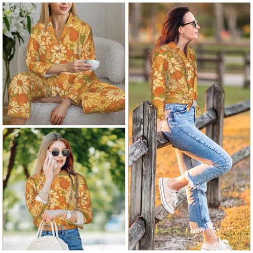 Image of Women'S Long Sleeve Pajama Set Soft Loungewear Button-Down Top & Elastic Waist Pants S- 2XL
