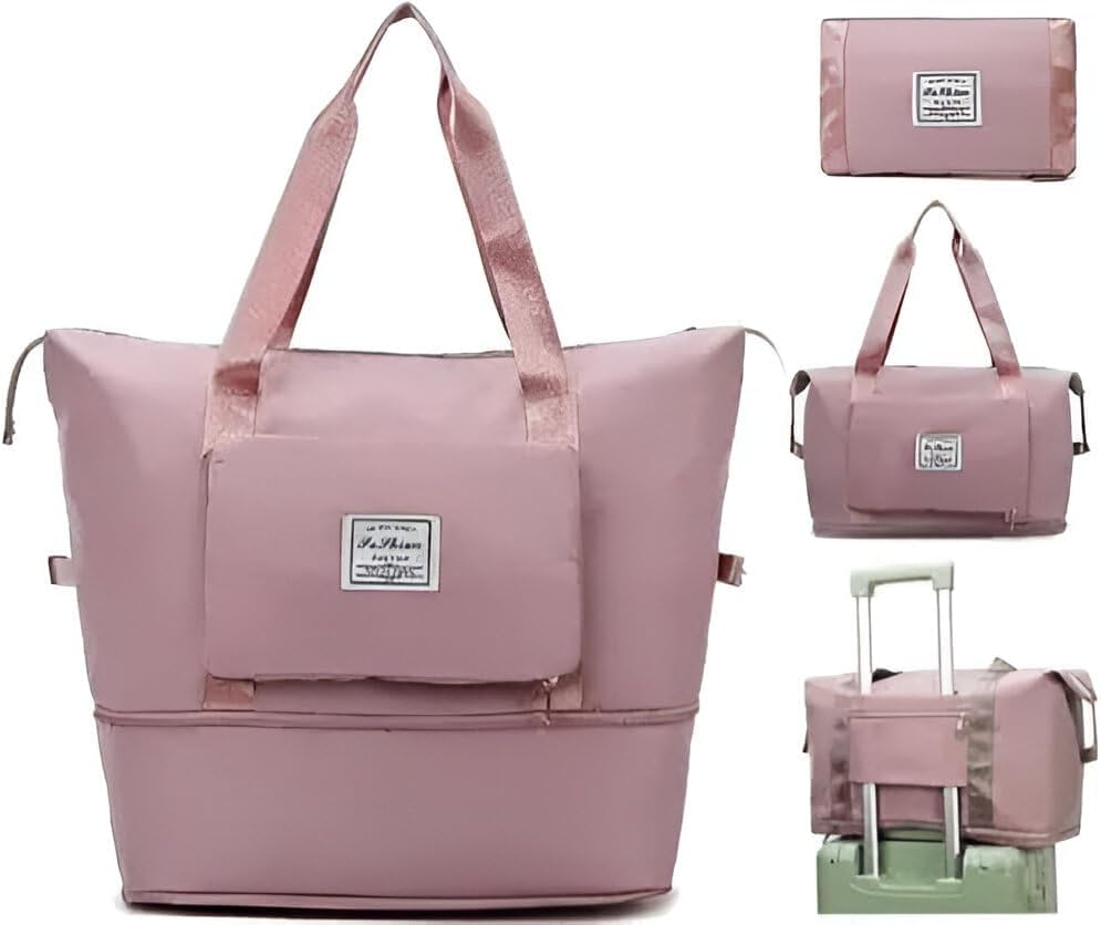GRRITY Foldable Large Capacity Travel Duffel Bag Expandable 41 Liter Weekender Carry On Bag with Trolley Sleeve & Wet Pocket Lightweight Water Resistant Unisex Bagn(Pink)