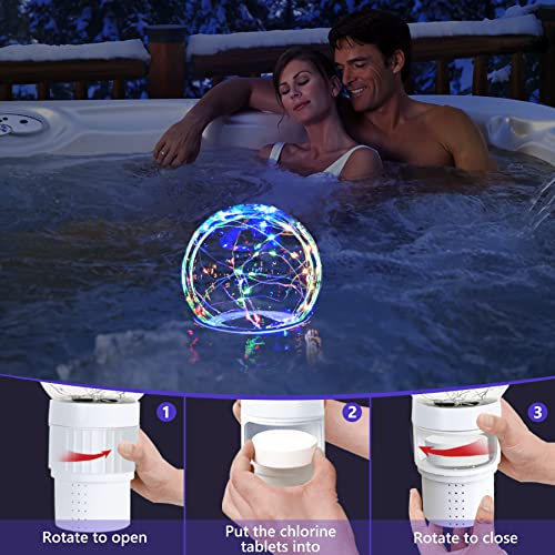 Pool Chlorine Floater With Colorful Solar Ball Lights, Floating Pool Chlorine Dispenser For 4X3” Chlorine Tablets, Easy Opening Chlorine Tablet Holder Floater, Anti-Sinking Spa Chemical Dispenser #TOP3