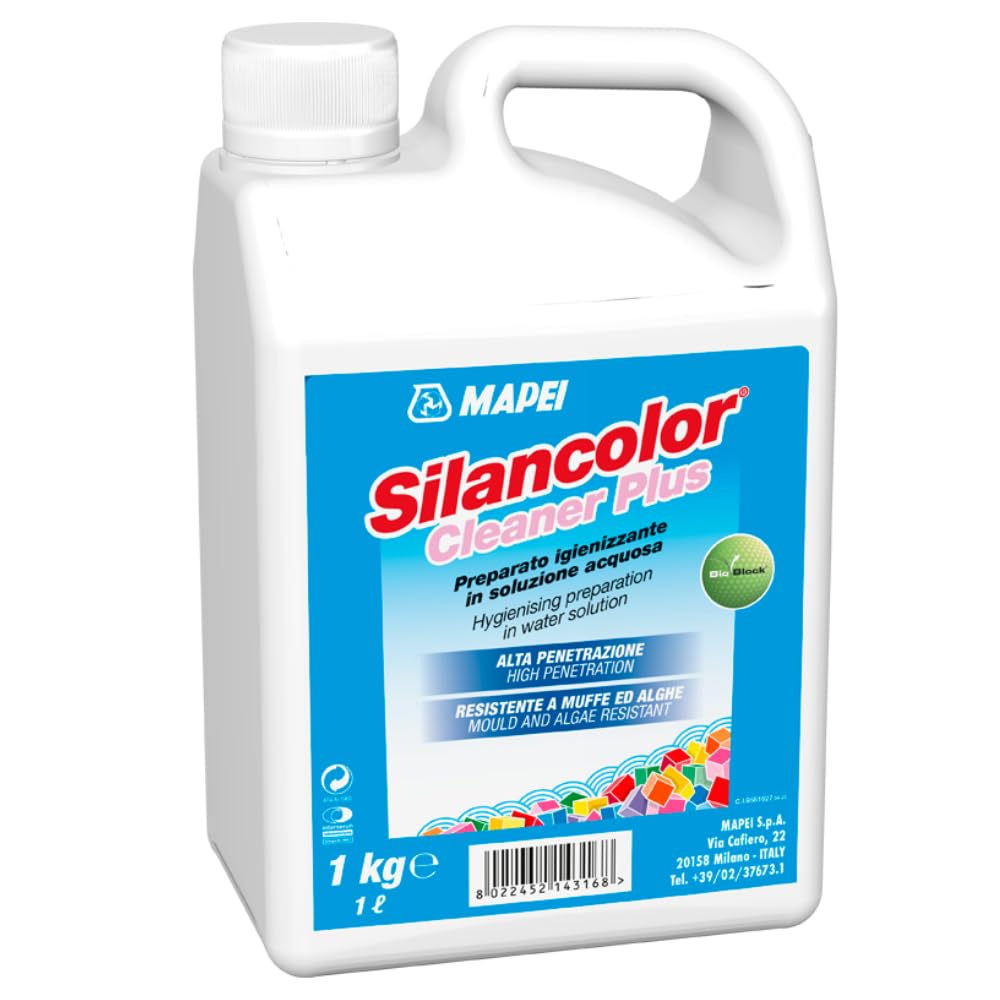 MAPEI Silancolor Cleaner Plus, Soluzione Igienizzante per Superfici Murali, Rimozione Muffe e Alghe, Liquido Trasparente, Senza Solventi, per Interni ed Esterni, 1 Kg