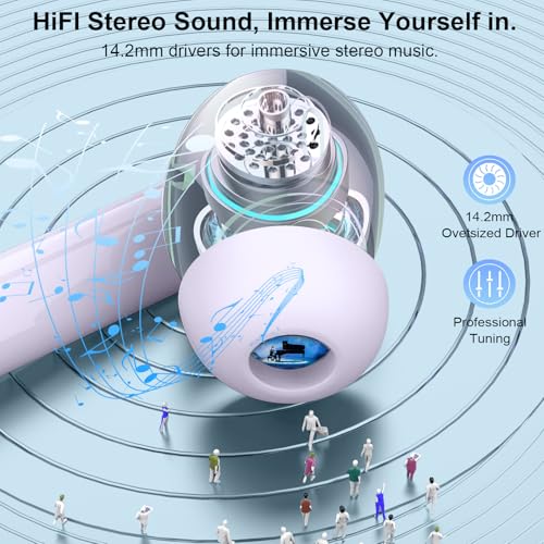 Image of Wireless Earbuds, Bluetooth 5.4 Headphones HiFi Stereo, Bluetooth Earbuds with 4 ENC Mics, 48H Playtime Wireless Ear Buds with LED Display, IP7 Waterproof Bluetooth Earphones Purple