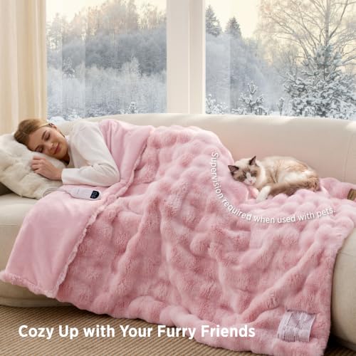 Image of Bedsure Fluffy Bubble Faux Fur Heated Blanket Electric Throw, Tie-dye Pink