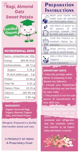 Image of TummyFriendly Foods Certified Organic Sprouted Ragi, Almonds, Oats, Sweet Potato Porridge Mix | Made of Sprouted Ragi Powder, Almond Cereal Organic. Sprouted for Calcium, Iron | Maximum Nutrition From Real Food | Available in Trial Packs too | Shelf-life 9 month | 200g