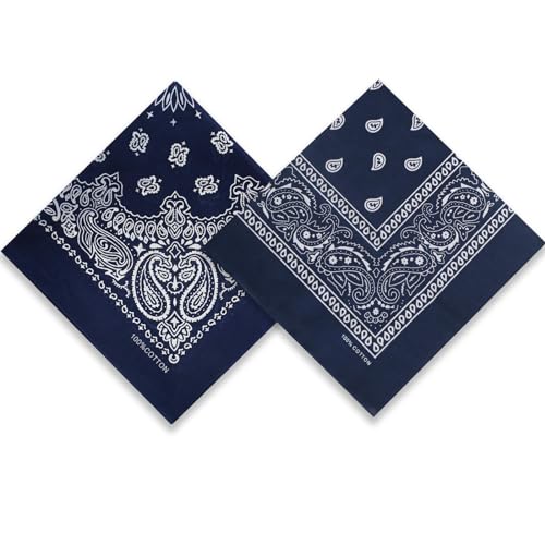 Dorilin 2 Pack Types of Paisley Pattern Bandanas 22x22 Inches Cotton Bandanas Handkerchief Face Mask for Men & Women (Navy blue-2 Pack)