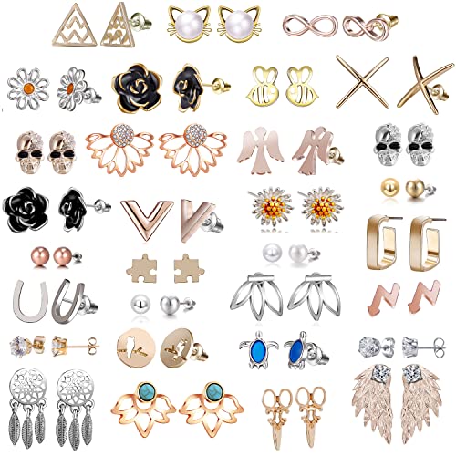 32 Pairs Assorted Stainless Steel Stud Earrings for Teens Girls Women-Cute Animal Faux Pearl Cat Elephant Sun Moon Star CZ Twise Heart Geometric Pattern Small Statement Bar Stud Earring Set