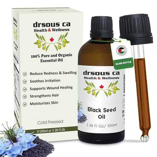 Drsous Ca Organic Black Seed Oil 100ml | 100% Pure Cold Pressed Black Cumin Seed Natural and Essential Oil for Hair Growth and Skin care | Glass Bottle Made in Palestine