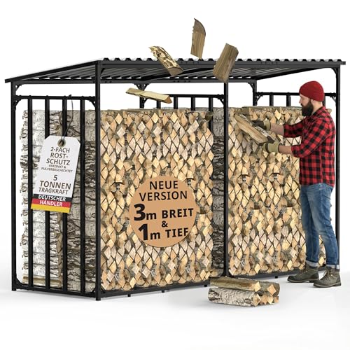 LAWA Living and Lifestyle Abri à bûches extérieur en métal avec toit 300 x 105 x 185 cm pour 1 m I 33 cm I 25 cm galvanisé résistant aux intempéries rangement...