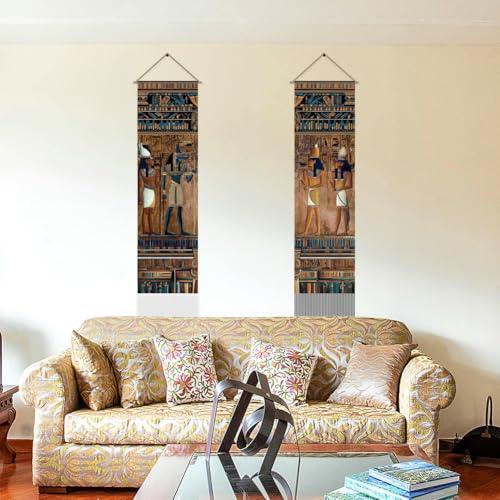 AHANDMAKER 2-teiliger Wandteppich mit Altägyptischen Wandmalereien. Wandteppich mit Hieroglyphen, Ägypten Religion, Historische Mythologie, Pharaonen. Zum Aufhängen, Quaste, 45.7x13 zoll