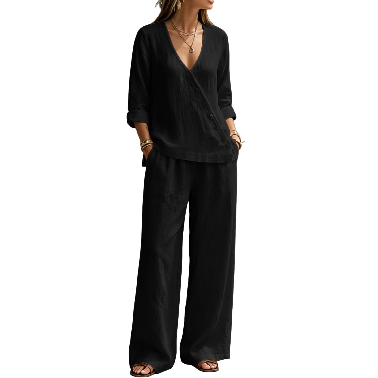 Completo Donna Elegante Lino Estiva Due Pezzi Tuta Completa Taglie Forti Tuta Tinta Unita 3/4 Blusa e Pantaloni Gamba Larga con Tasche Casual Completi Comodo Morbido Camicia Scollo a V Eleganti