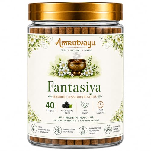 Image of Fantasiya Dhoop Sticks 4 inch 6mm BambooLess Incense for Pooja 40 Sticks | No Charcoal Sticks with Holder Stand | Home, Mediation Relaxation