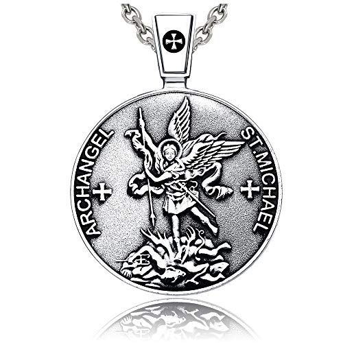 VENICEBEE JEWELRY Archangel St. Michael Saint Medal Sigil Seal Solid 925 Sterling Silver Pendant + Necklace 316L Grade Stainless Steel Chain 24