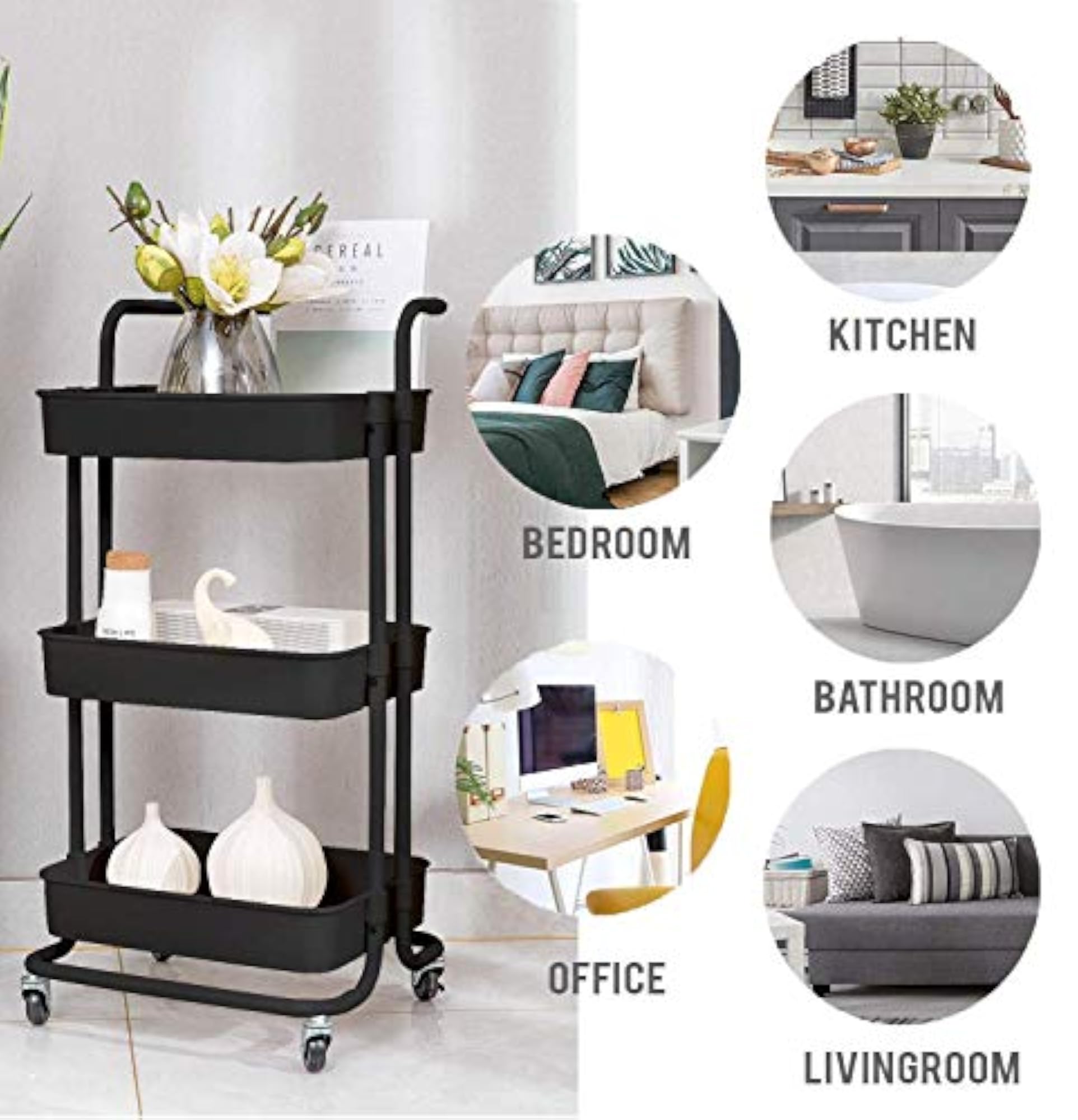 3-Tier Kitchen Storage Trolley Rack with Caster Wheels, Rolling Cart