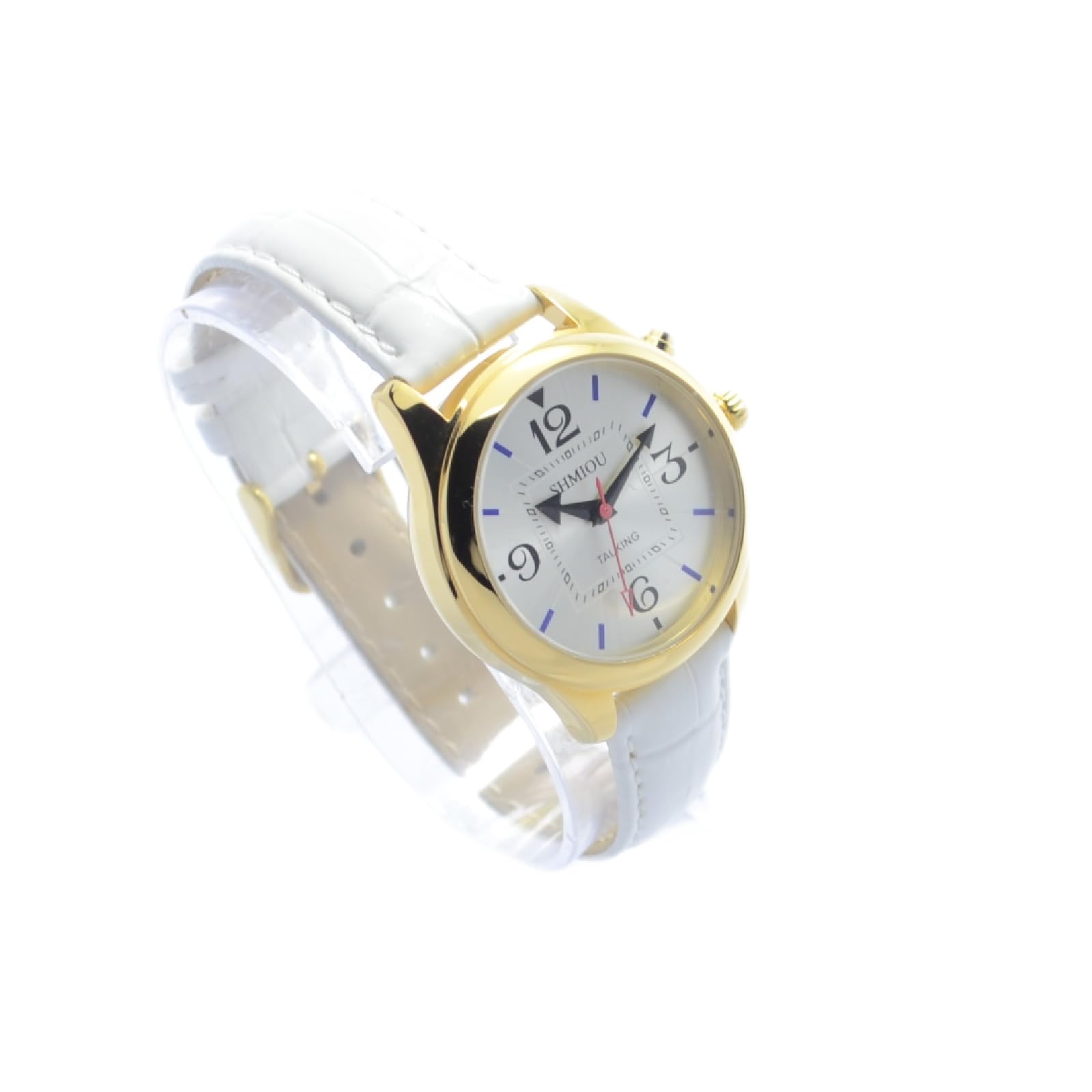 Orologio Parlante Italiano Per Anziani, non Vedenti con Malati di Alzheimer Sonoro Annuncio della Data Cinturino in Pelle Bianca XM-IT-240301