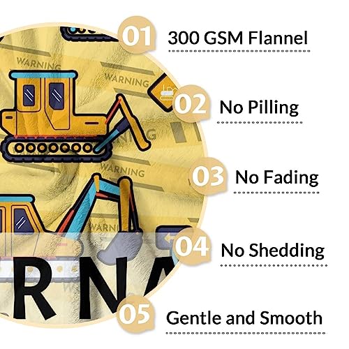 Personalized Construction Truck Blanket Gifts with Name - 40x50 Inches Funny Throw Blanket for Boys & Kids - Yellow Soft Fuzzy Excavator Blankets for Bed, Couch & Living Room