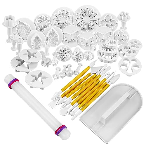 Lot de 14 (46 pièces) - Outils de décoration de gâteaux en forme de fleur - Kit de décoration de gâteaux - Moule à fondant - Emporte-pièces - Outils de...