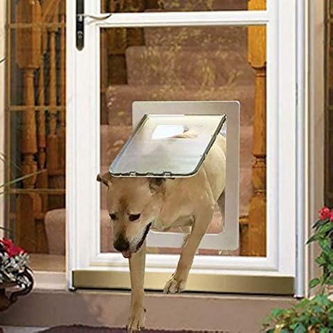 ANQI Large Magnetic Dog Door, Automatic Lockable Cat Flap Screen Sliding Pet Gate Entry Tunnel, Easy Install, All-Weather, L, White Cover
