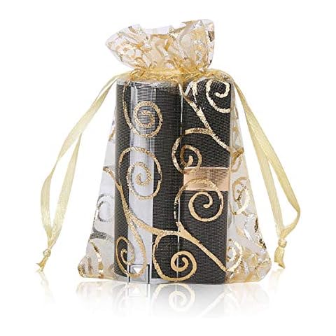 YFZYT Pack of 100 Organza Bags, Jewelry Pouch Pocket with Drawstring & Bronzing Pattern for Chocolate, Sweets, Cookie as Gift Packing - 15 x 20 cm, Gold Cover