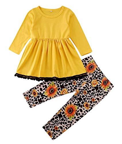 Toddler Baby Girl Outfits Floral Ruffle Flare Tunic Dress Top Leggings Pants Fall Winter Clothes Set (I-Yellow, 2-3 Years)