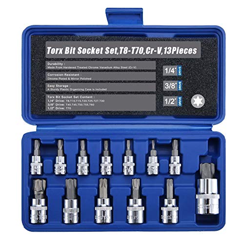 Renekton Torx Star Bit Socket Set,1/2" 3/8" 1/4" Drive,T8 - T70,Cr-V Steel,13 Pieces